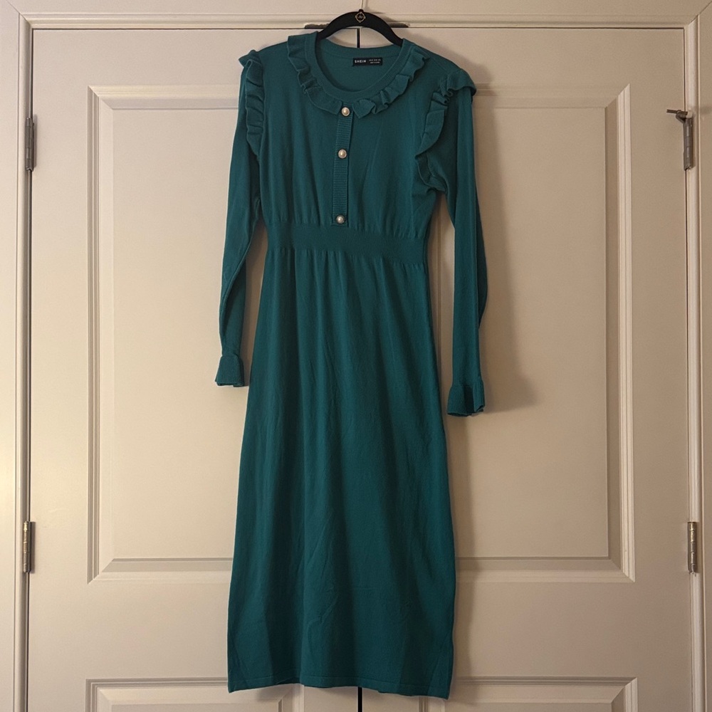 SHEIN Teal Long Sleeve Dress with Ruffles
